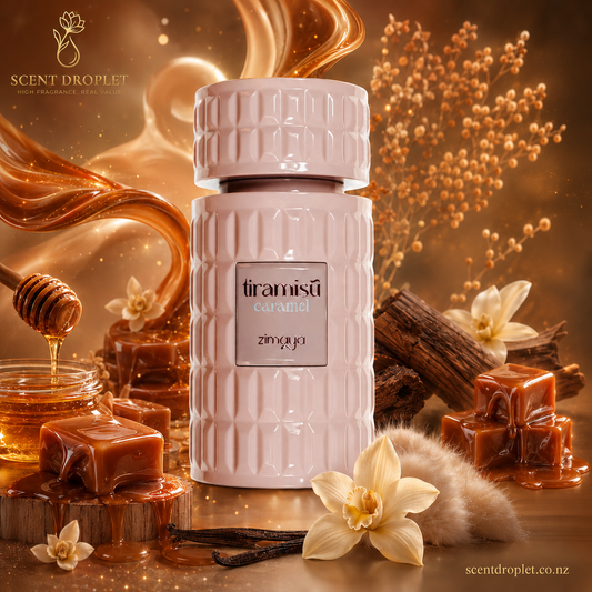 Zimaya Tiramisu Caramel Eau de Parfum bottle with caramel and vanilla styling