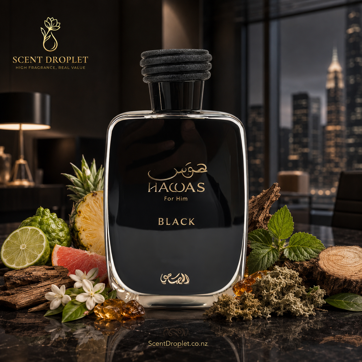 Hawas Black by Rasasi 100ml Eau de Parfum – bottle with ingredients