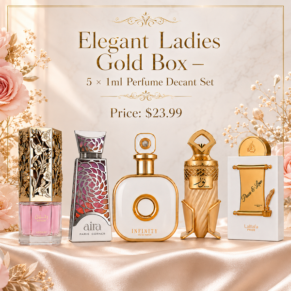 Elegant Ladies Gold Box – 5 × 1ml Perfume Decant Set