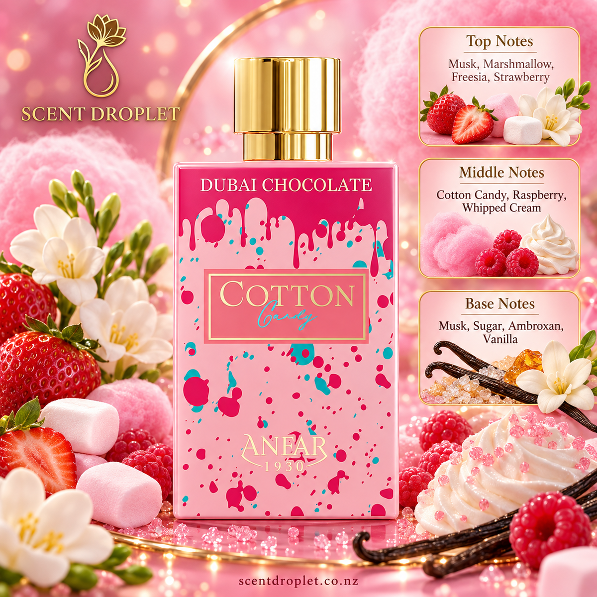 Anfar Cotton Candy Dubai Chocolate Extrait with notes card