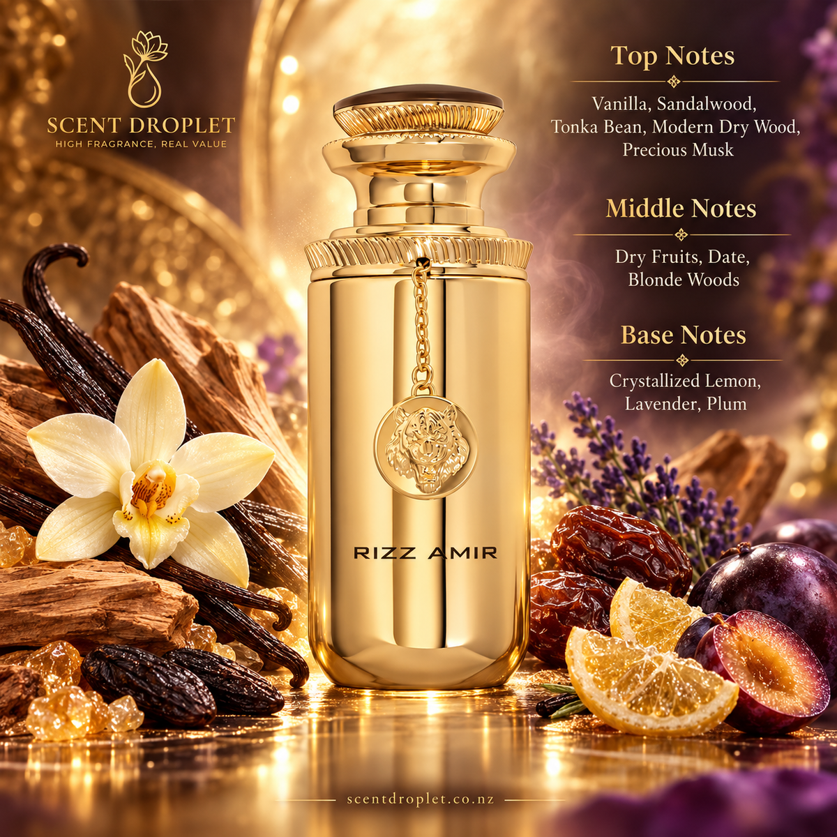 Rizz Amir by Shaikh Saeed Extrait fragrance notes card – Top, Middle, Base