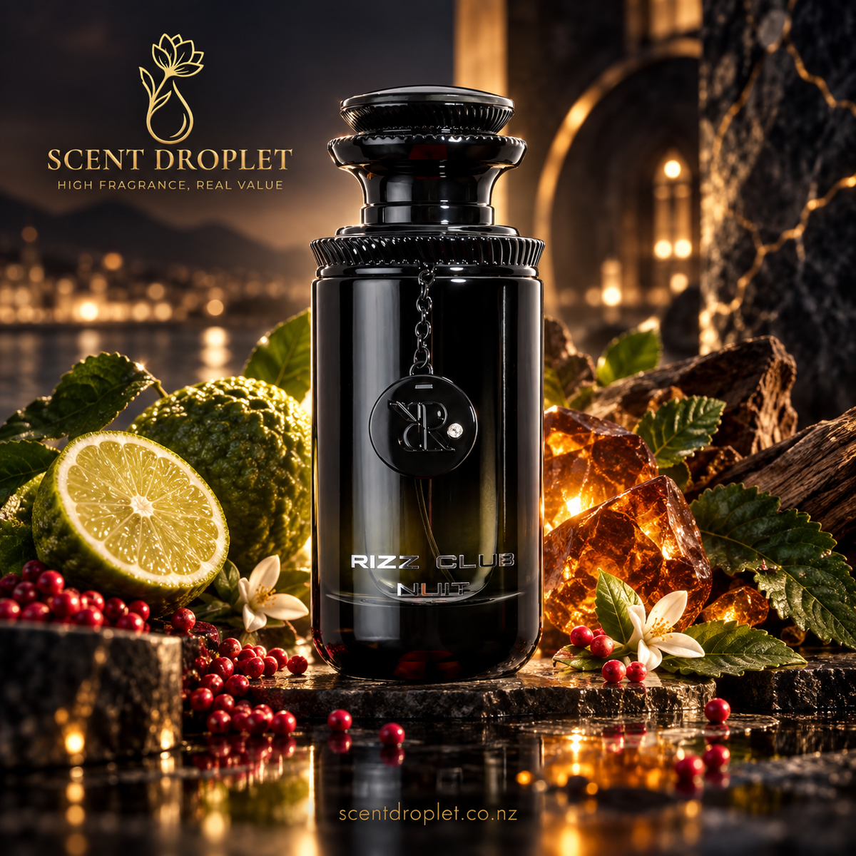 Rizz Club Nuit by Shaikh Saeed EDP black bottle with bergamot and pink berries