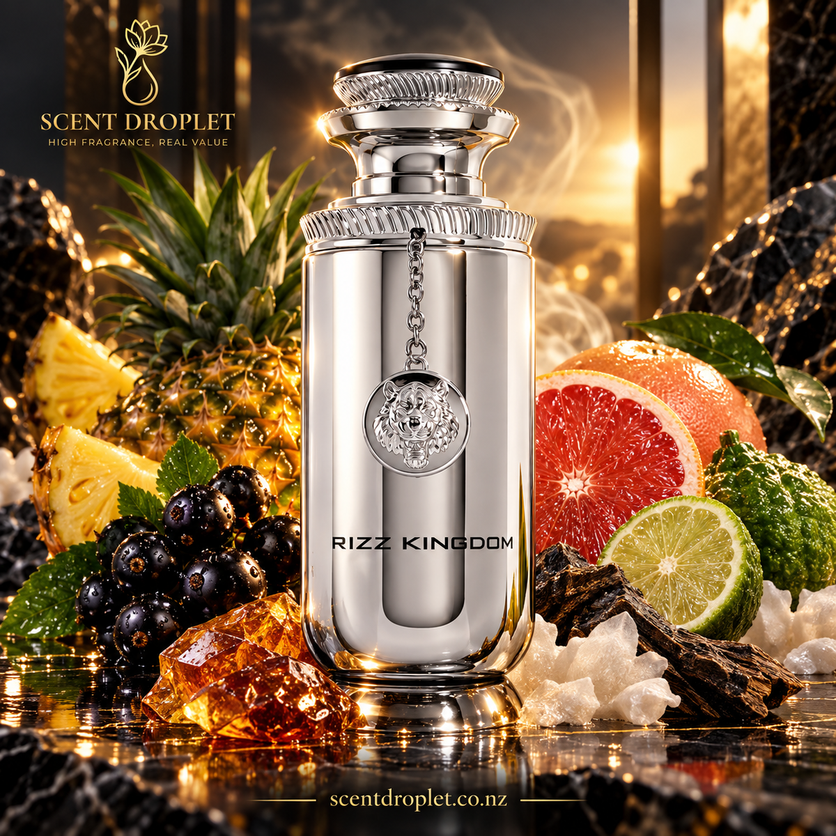 Rizz Kingdom by Shaikh Saeed Extrait silver bottle with grapefruit, blackcurrant and pineapple