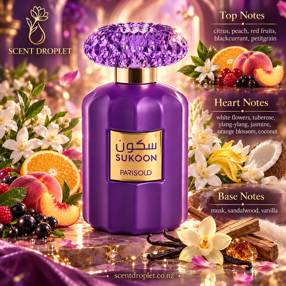 Sukoon by Shaikh Saeed EDP purple bottle with crystal cap