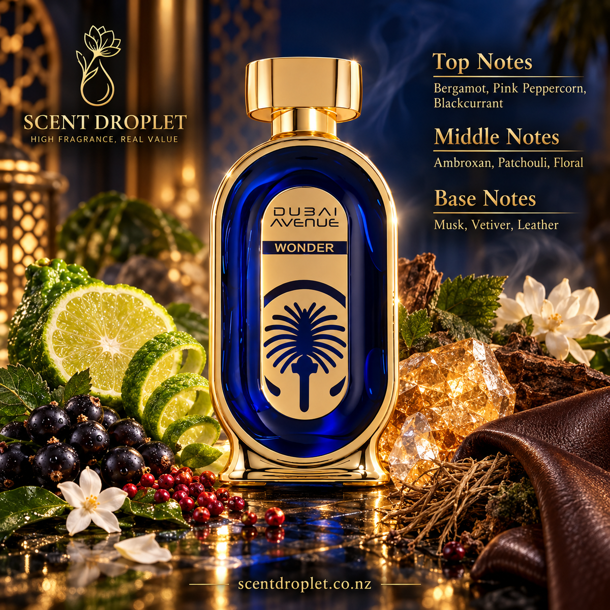 Dubai Avenue Wonder by Shaikh Saeed Extrait navy and gold bottle with bergamot and blackcurrant