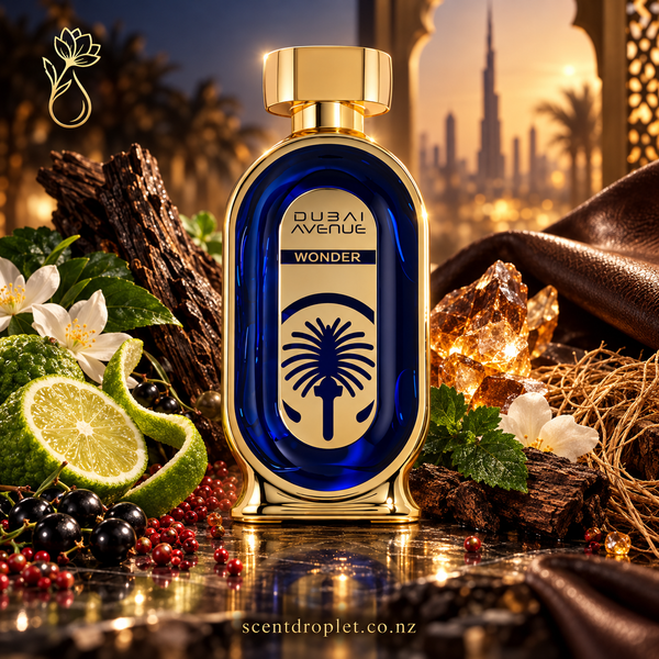 Dubai Avenue Wonder by Shaikh Saeed Extrait fragrance notes card – Top, Middle, Base