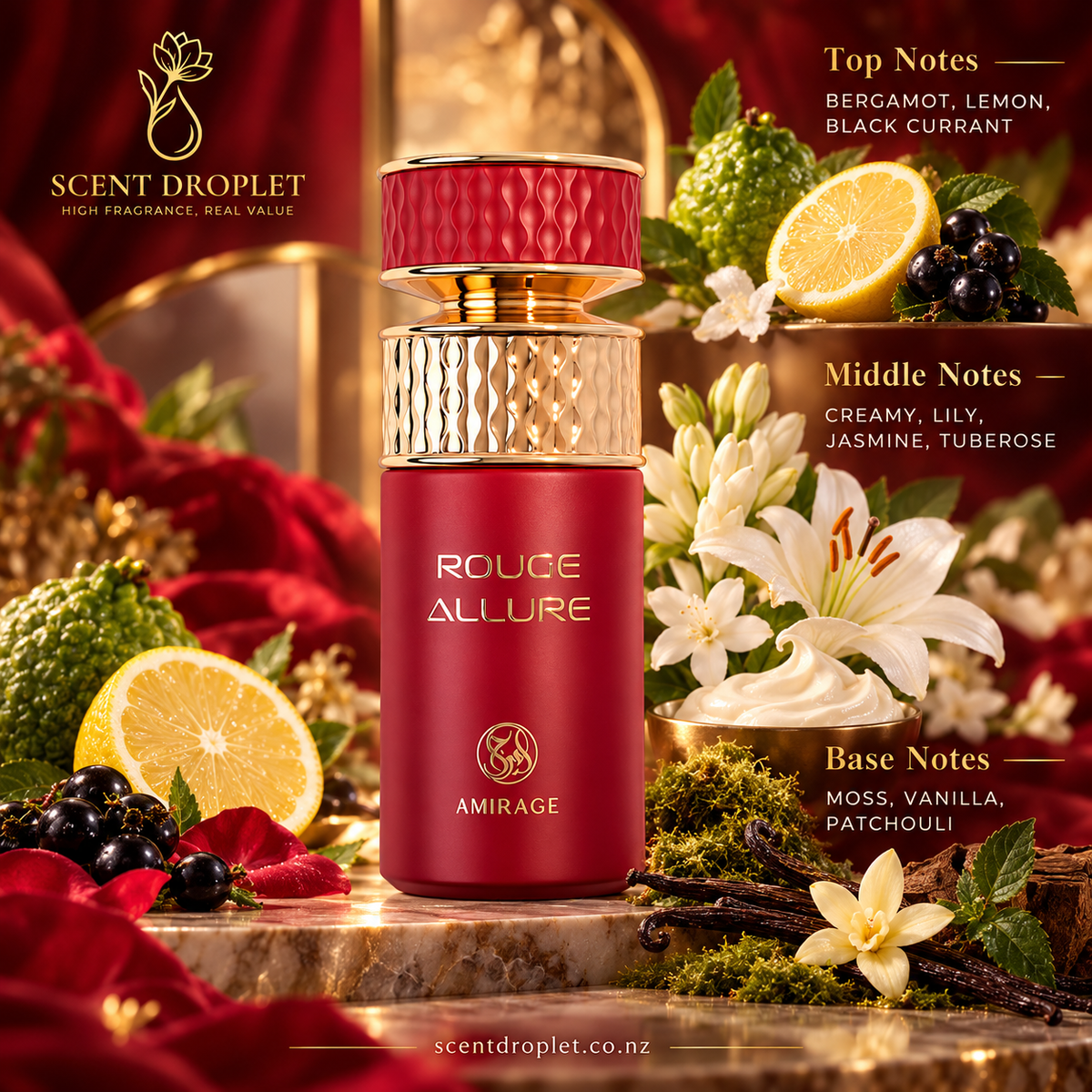 Rouge Allure by Shaikh Saeed EDP red and gold bottle with lily, lemon and blackcurrant