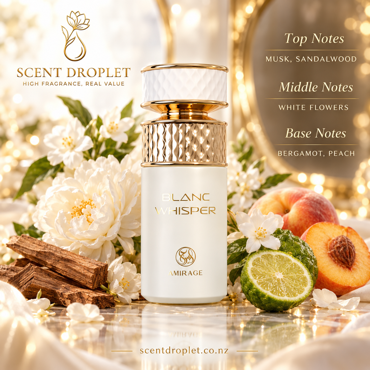 Blanc Whisper by Shaikh Saeed EDP white and gold bottle with peach, bergamot and white flowers