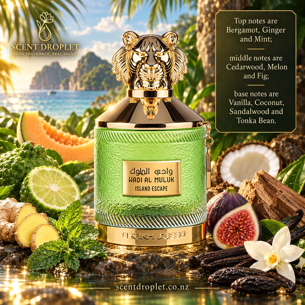 Wadi Al Muluk Island Escape by Shaikh Saeed Extrait green bottle with lion cap, melon, fig, coconut and mint