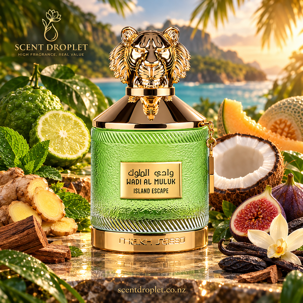Wadi Al Muluk Island Escape by Shaikh Saeed Extrait fragrance notes card – Top, Middle, Base