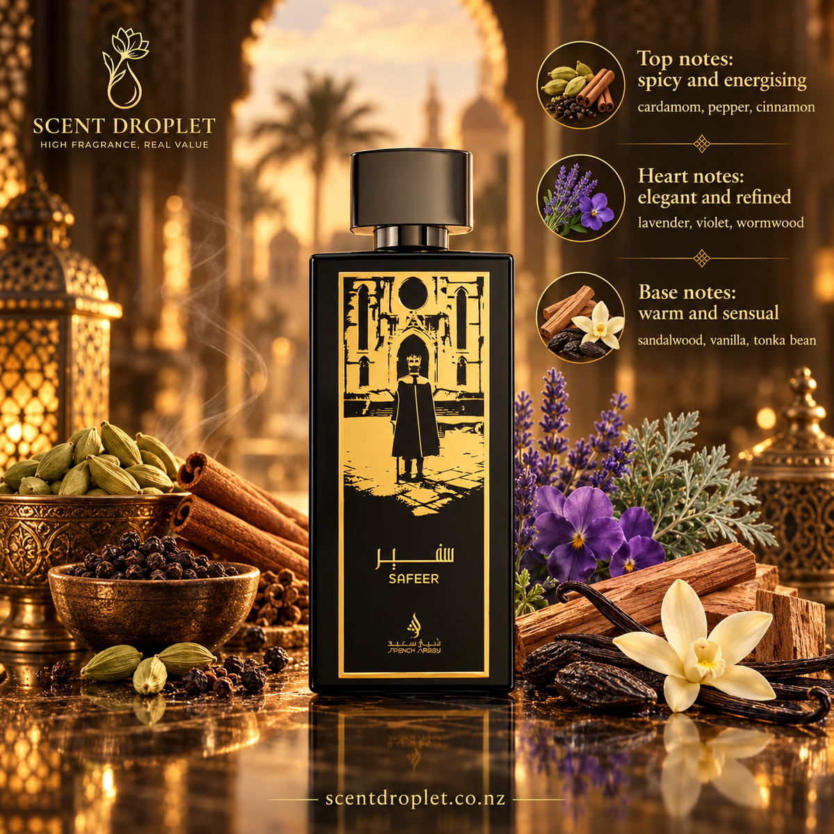 Safeer for Men by Shaikh Saeed Extrait black and gold bottle with lavender, cardamom and vanilla