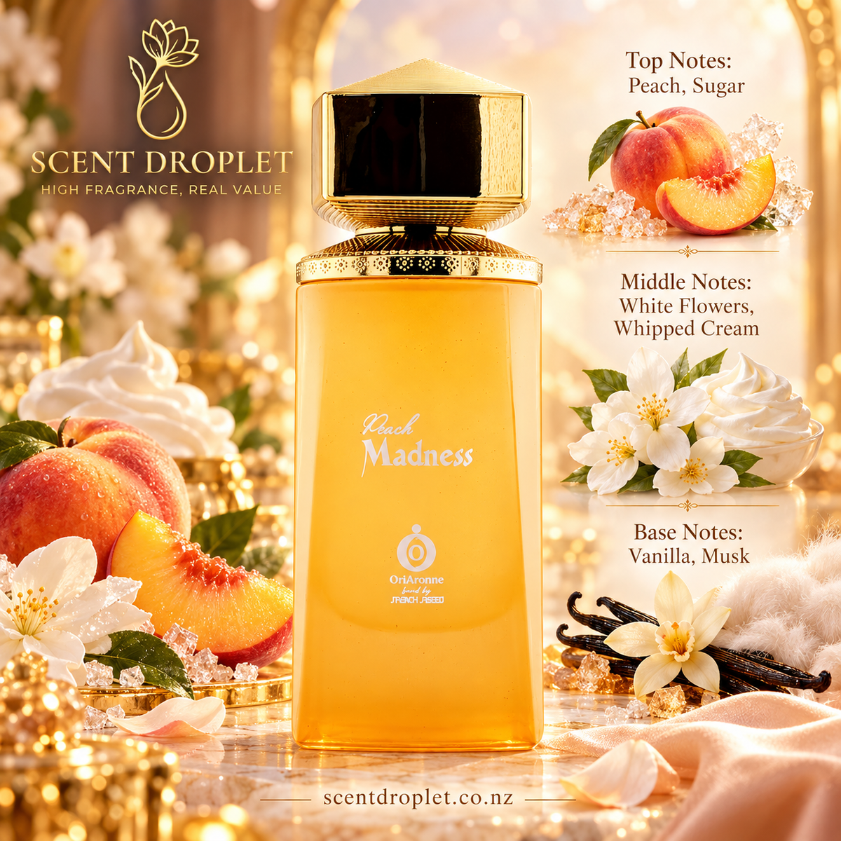 Peach Madness by Shaikh Saeed EDP amber bottle with peach, white flowers and vanilla