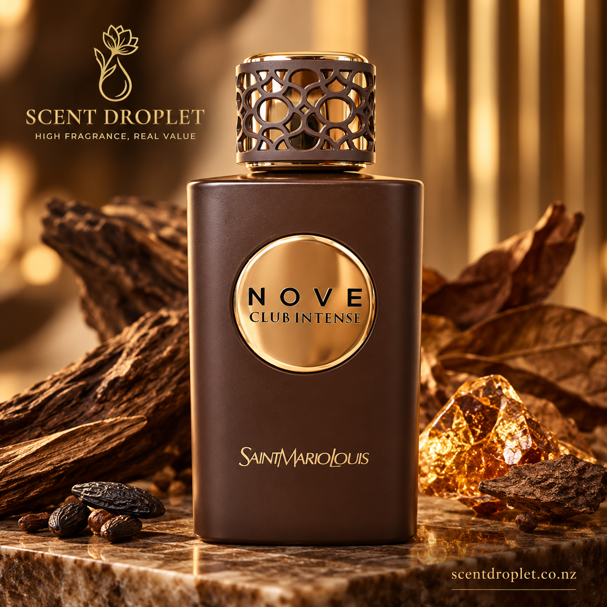 Nove Club Intense fragrance bottle in a warm amber setting