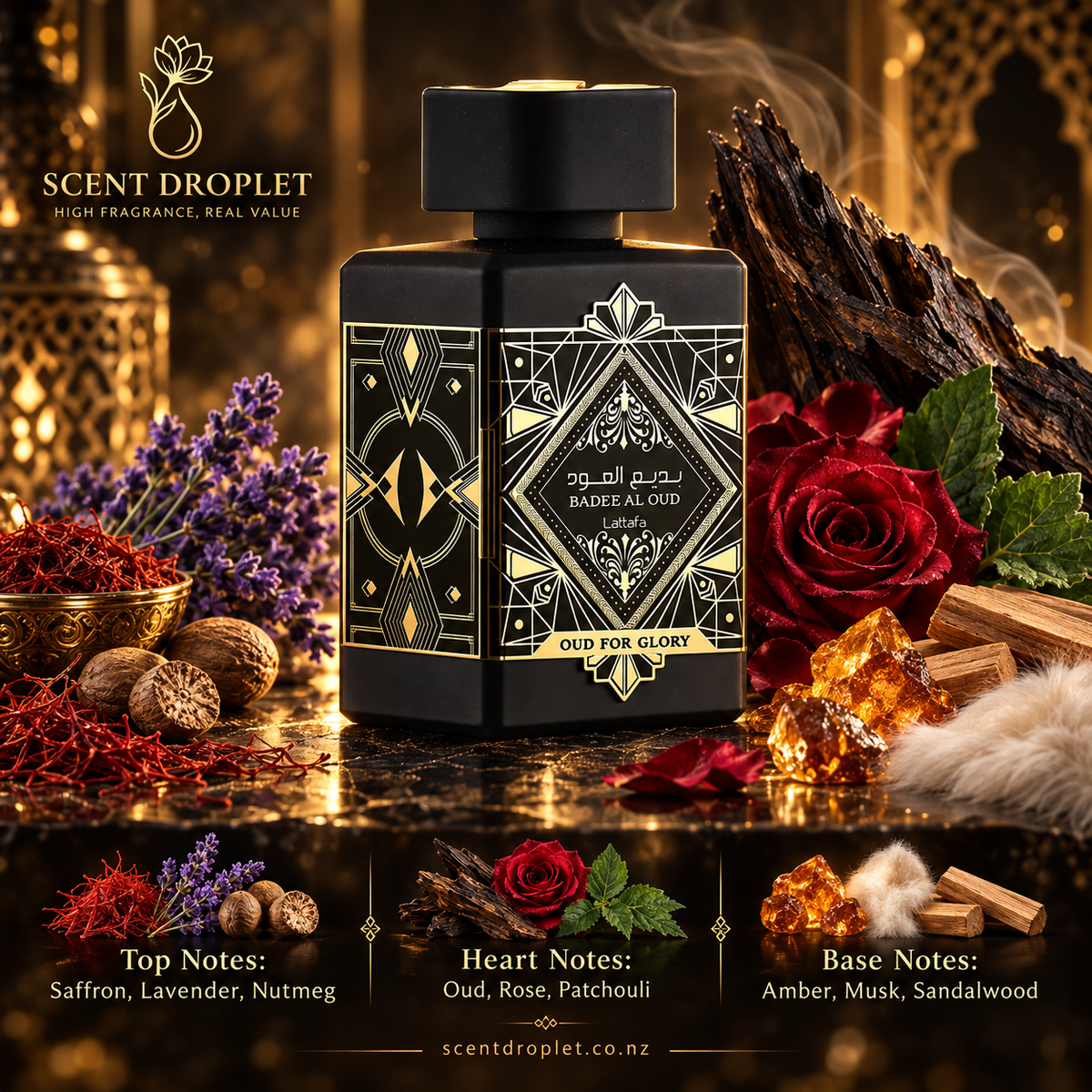 Badee Al Oud Oud for Glory by Lattafa EDP with fragrance notes
