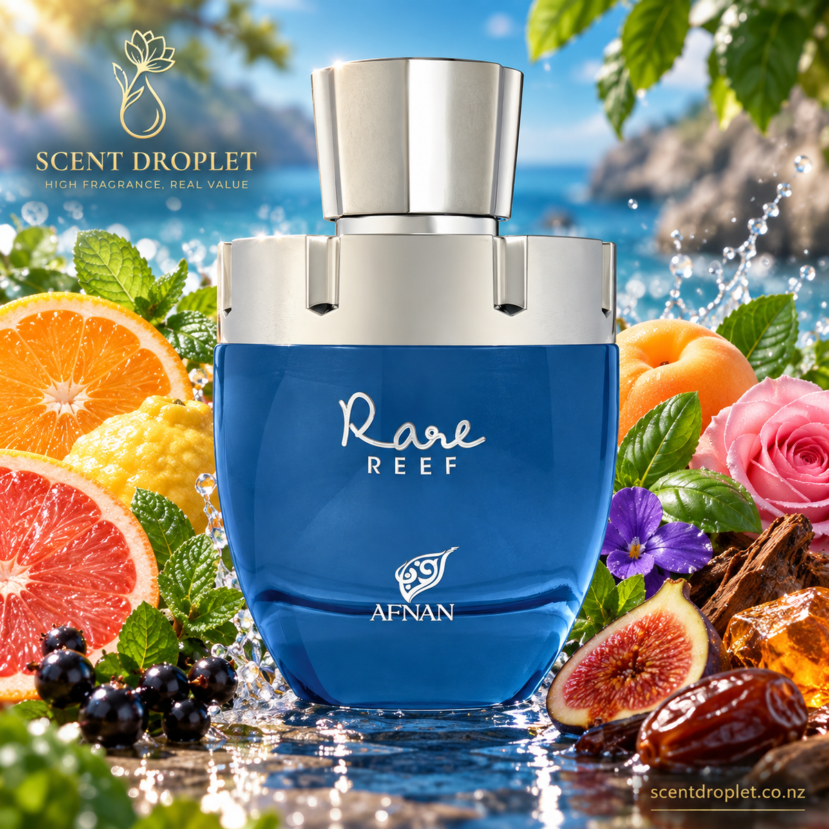 Rare Reef by Afnan Extrait bottle surrounded by citrus, mint, fig, blackcurrant and flowers