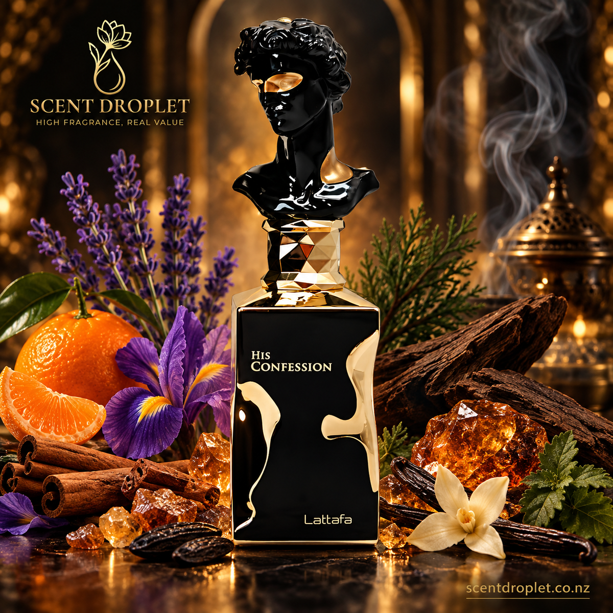 His Confession by Lattafa bottle with mandarin, lavender, iris, cinnamon, vanilla and warm woods