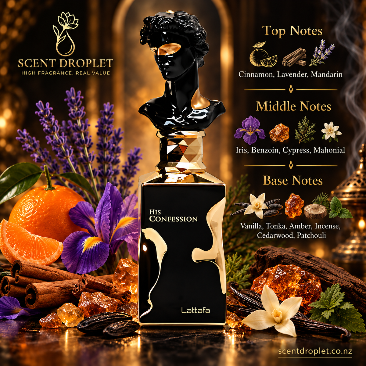 His Confession by Lattafa bottle with top, middle and base fragrance notes
