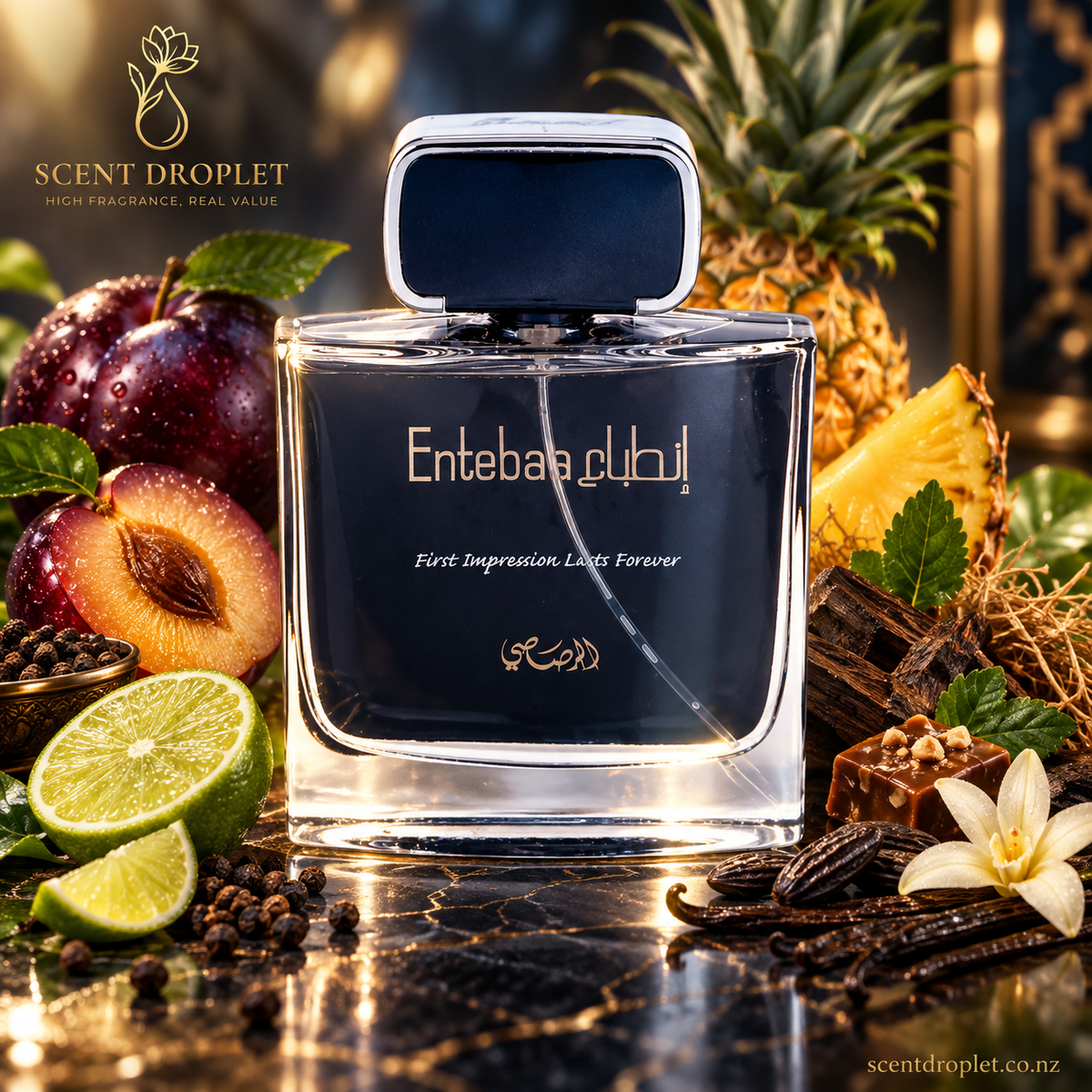 Entebaa for Men by Rasasi bottle with plum, lime, pineapple, vanilla and warm woods