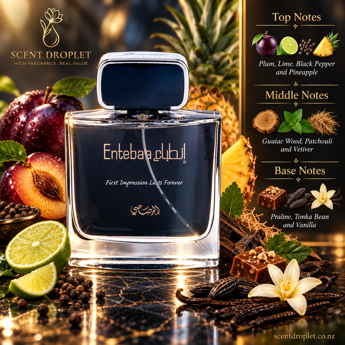 Entebaa for Men by Rasasi bottle with top, middle and base fragrance notes