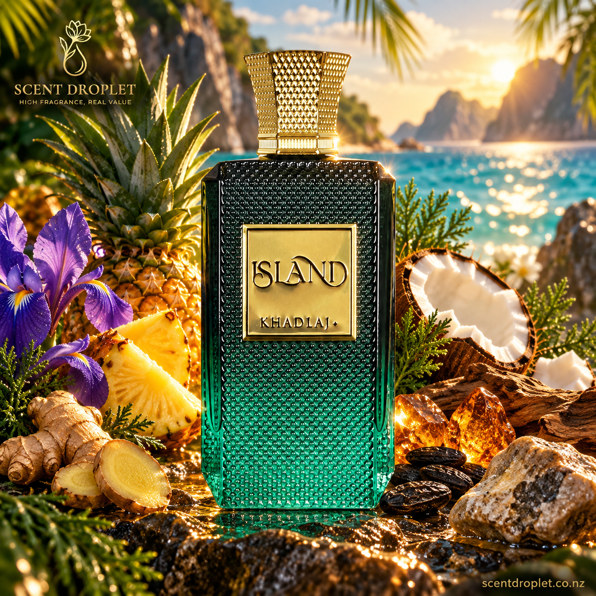 Island by Khadlaj Extrait de Parfum bottle on a tropical shore