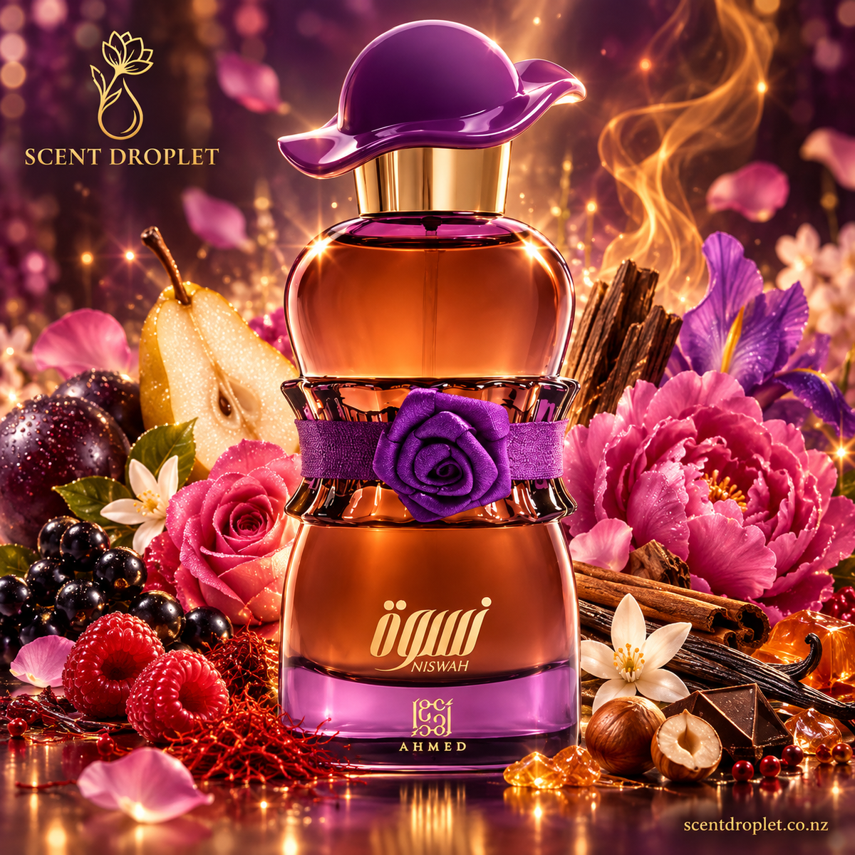 Niswah by Ahmed Al Maghribi Eau de Parfum bottle with fruits and florals