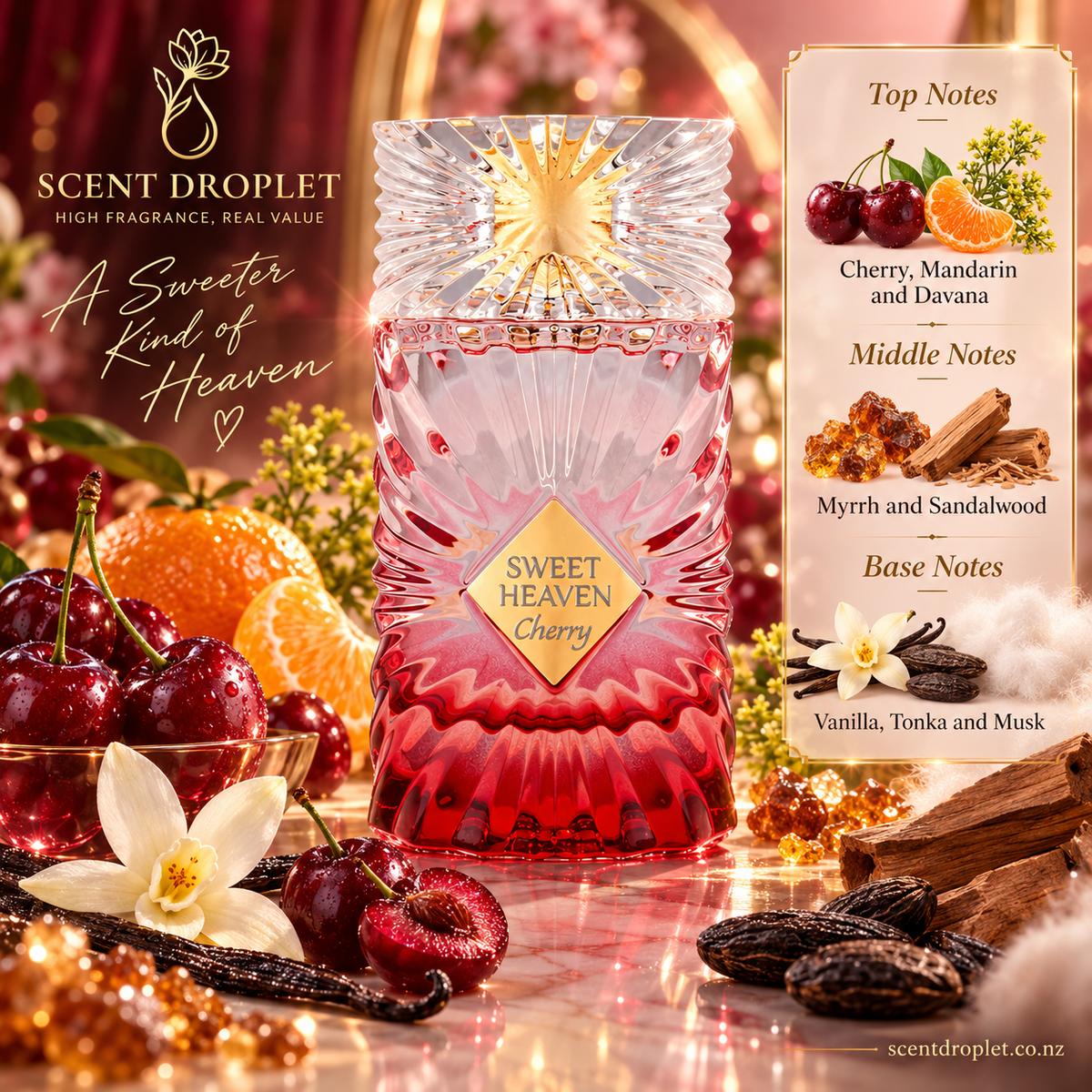 Sweet Heaven Cherry by Gulf Orchid bottle with top, middle and base fragrance notes