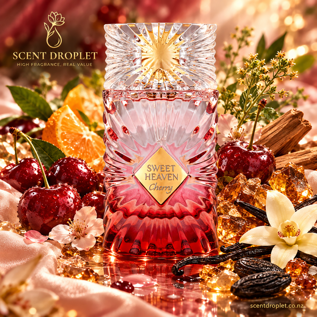 Sweet Heaven Cherry by Gulf Orchid Eau de Parfum bottle with cherries, mandarin, vanilla and tonka