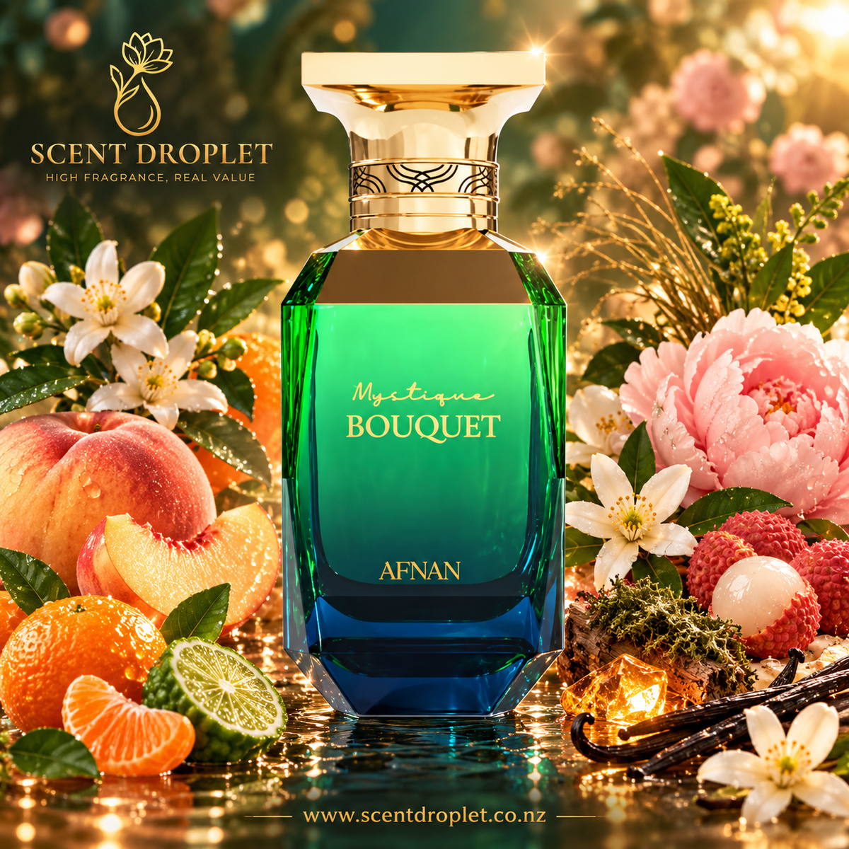 Mystique Bouquet by Afnan bottle and top, heart and base fragrance notes