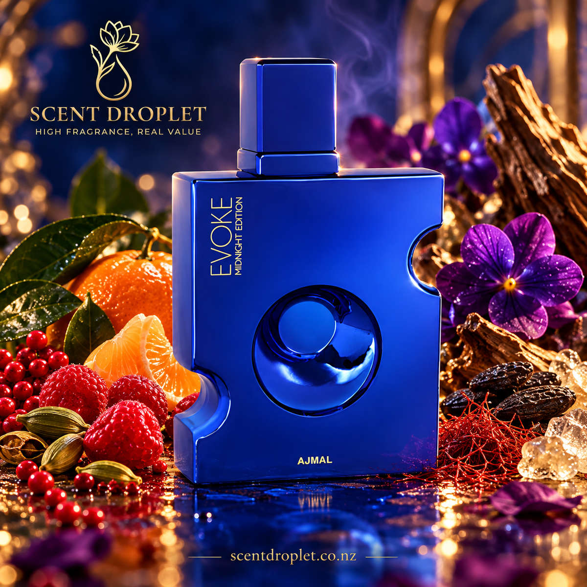 Evoke Midnight Edition by Ajmal bottle with raspberry, mandarin and violet