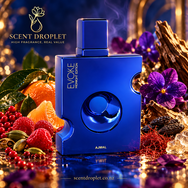 Evoke Midnight Edition by Ajmal bottle with raspberry, mandarin and violet