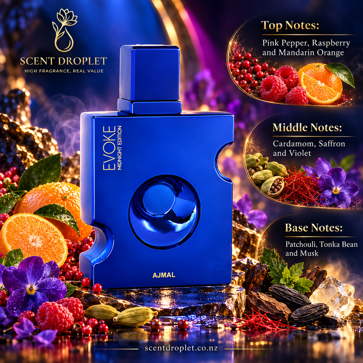 Evoke Midnight Edition bottle with top, middle and base fragrance notes