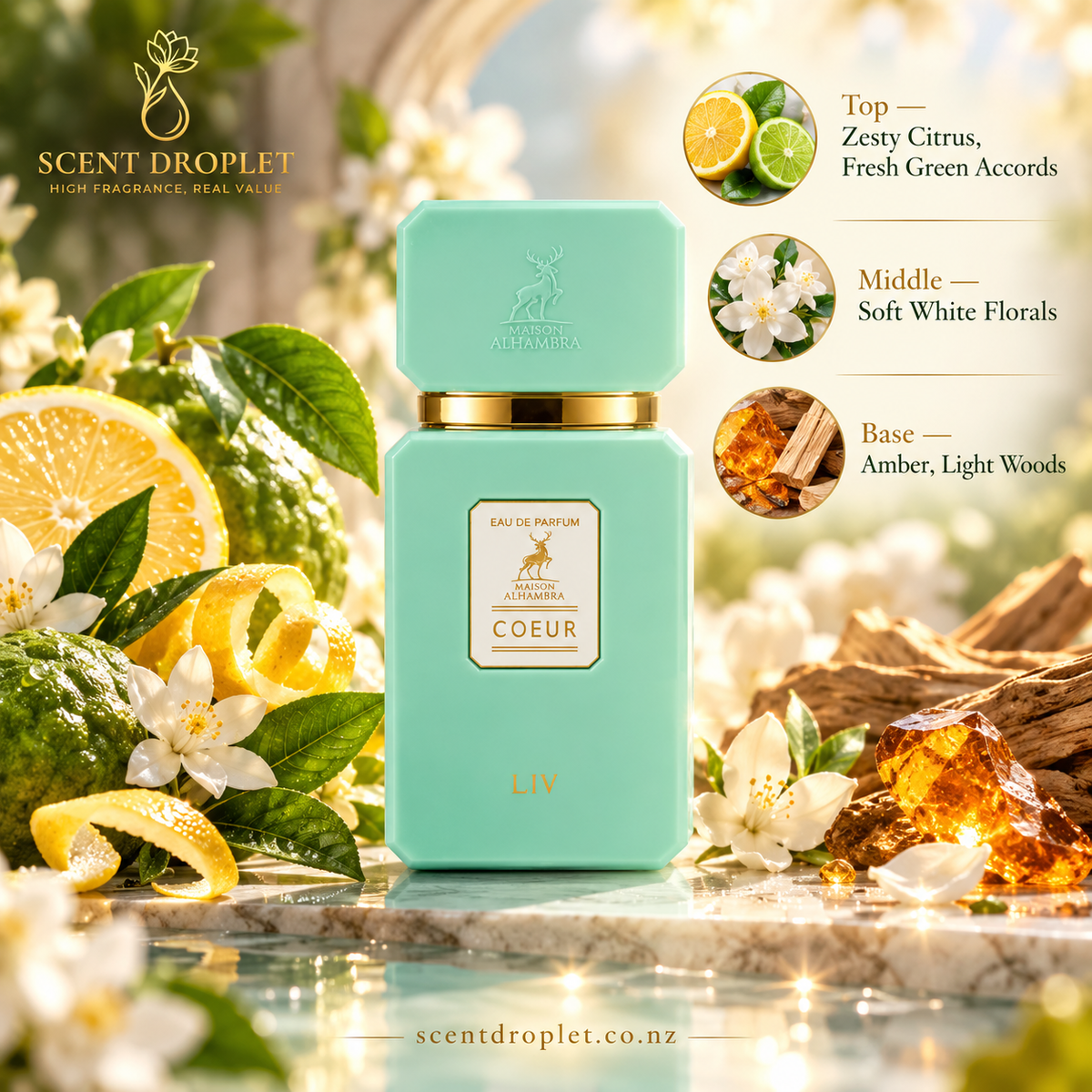 Coeur Liv by Maison Alhambra fragrance bottle among citrus and white flowers
