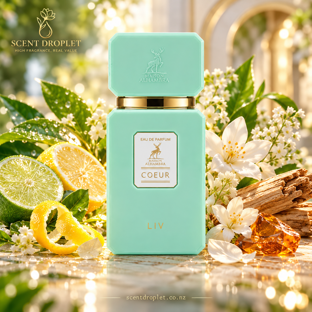 Coeur Liv fragrance bottle with citrus, white florals, amber and woods notes