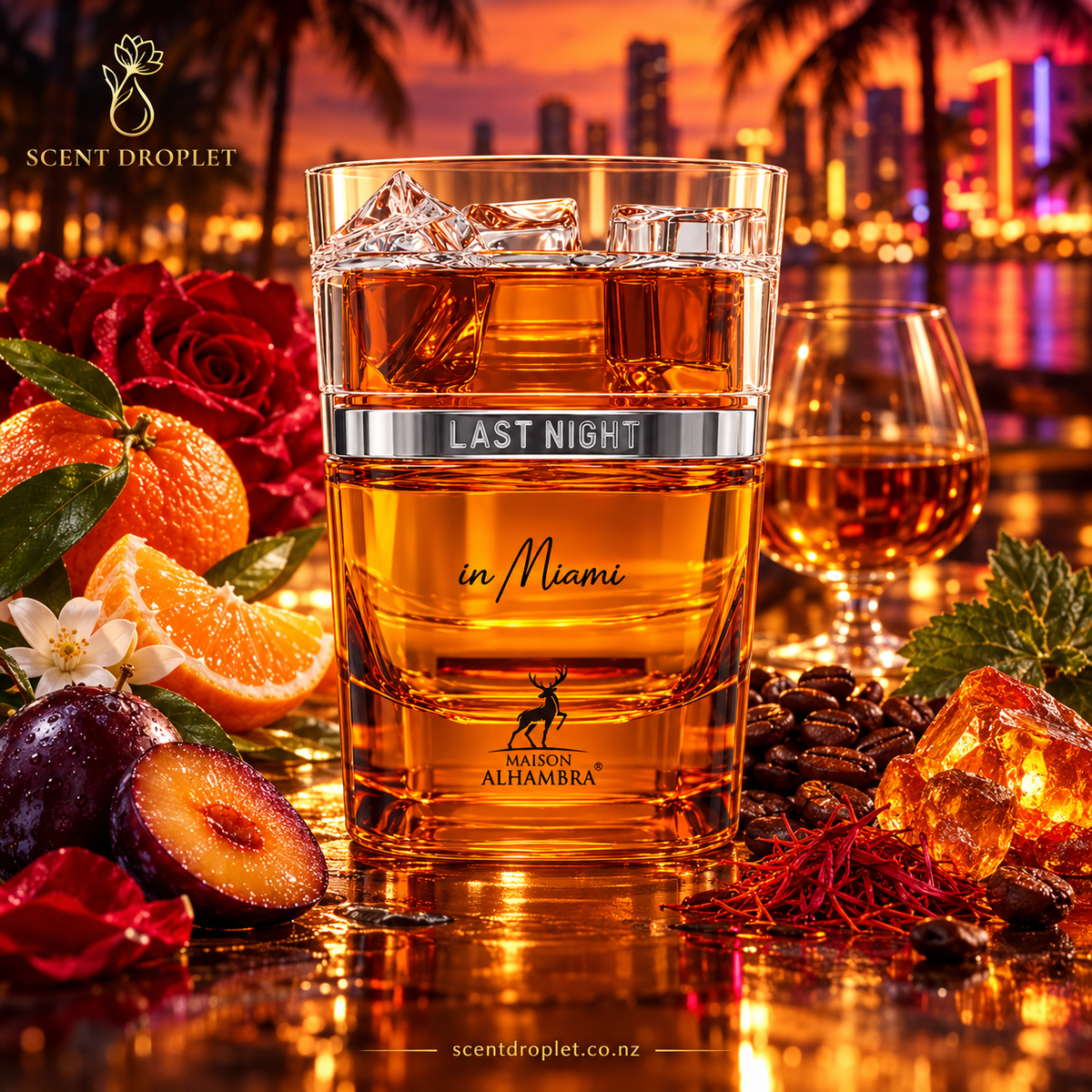Last Night in Miami by Maison Alhambra bottle with citrus, plum, florals and amber imagery