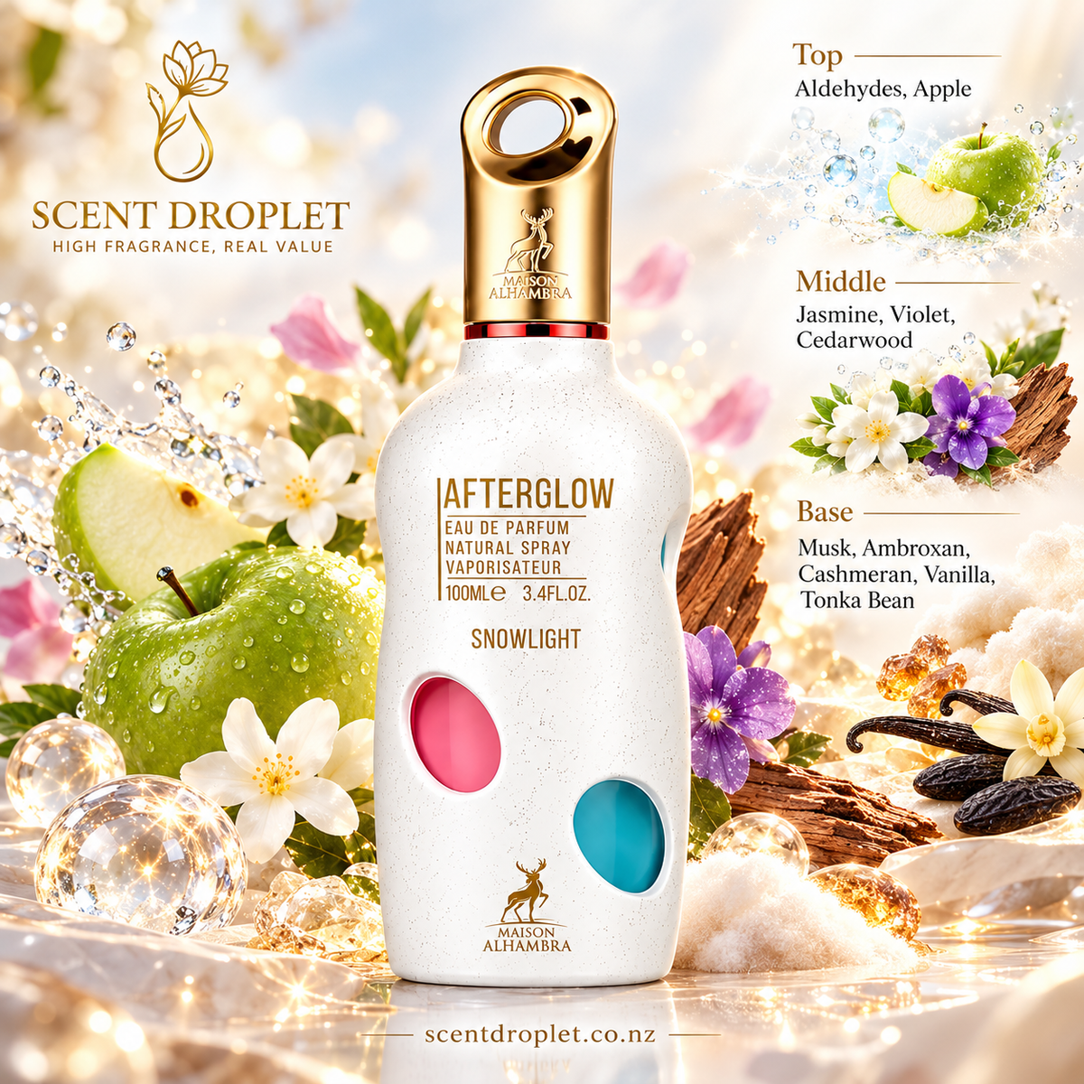 Afterglow Snowlight bottle and fragrance notes of aldehydes, apple, jasmine, violet, musk and vanilla