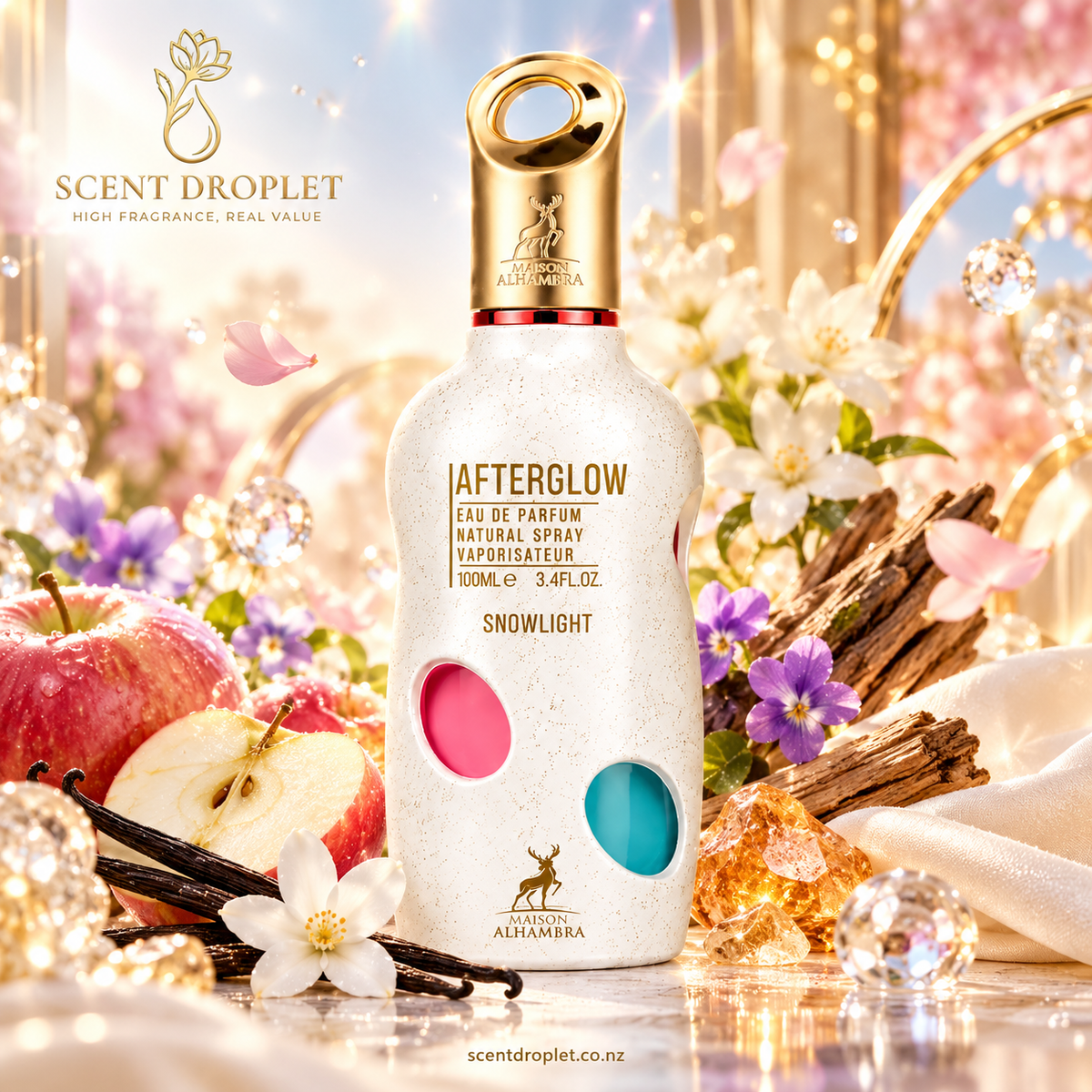 Afterglow Snowlight by Maison Alhambra bottle with apple, florals and soft woods