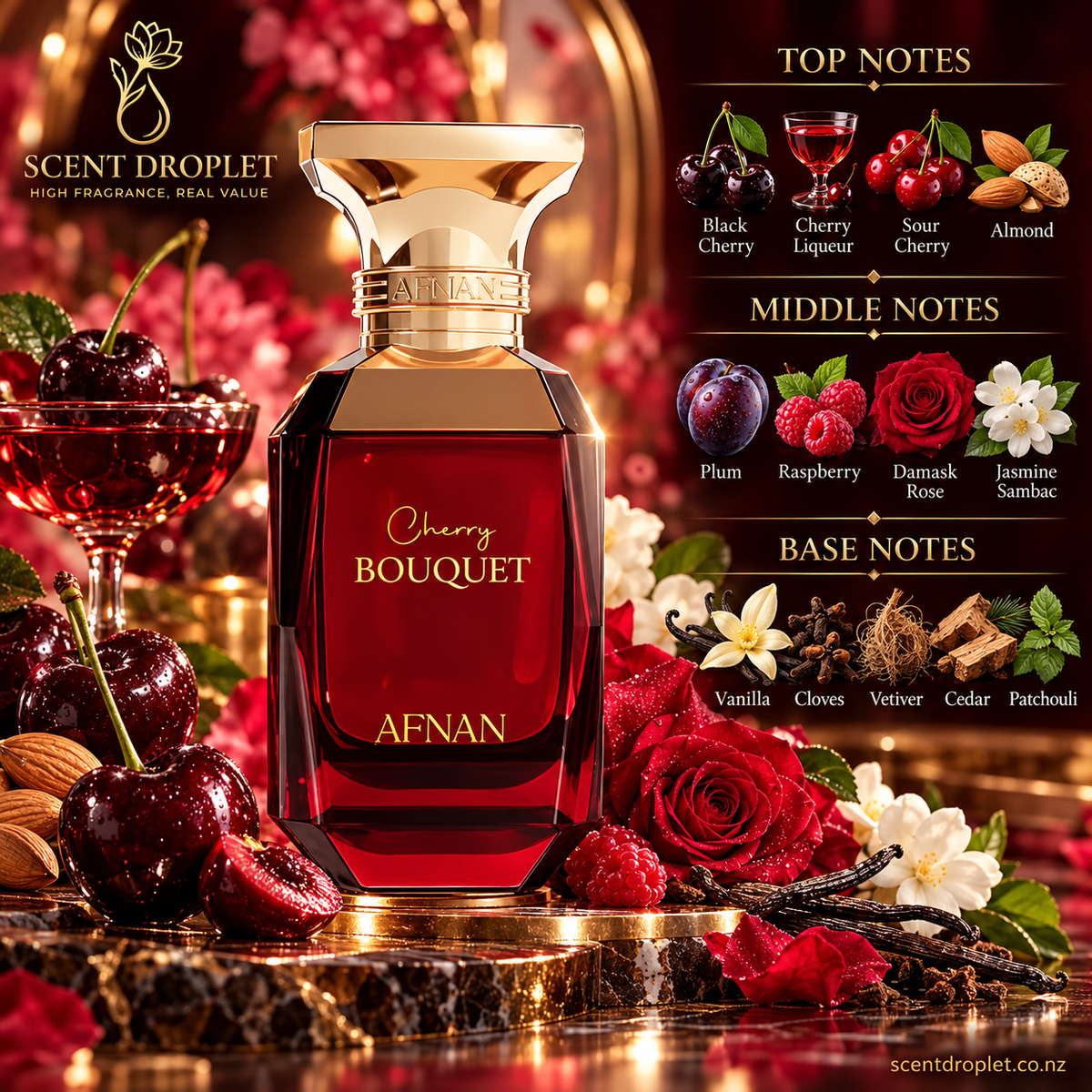 Cherry Bouquet bottle surrounded by dark cherries, almond, raspberry and vanilla