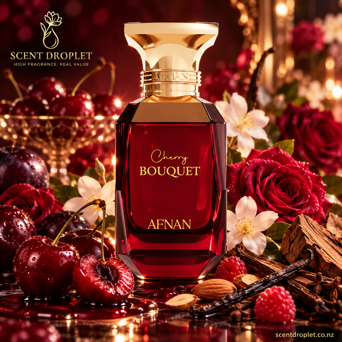 Cherry Bouquet bottle and top, middle and base fragrance notes